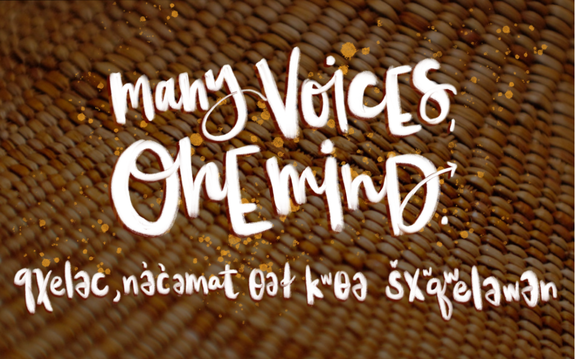 Many Voices, One Mind with traditional words handwritten on a textured background