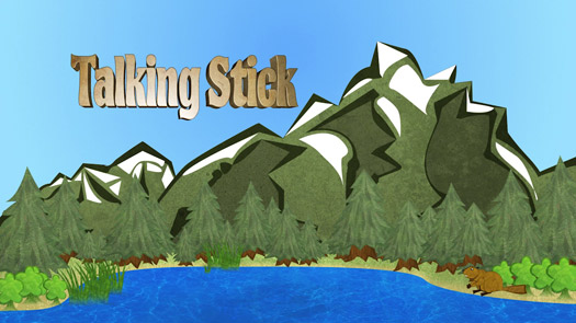 Talking Stick video thumbnail illustration of mountains with a lake and a beaver